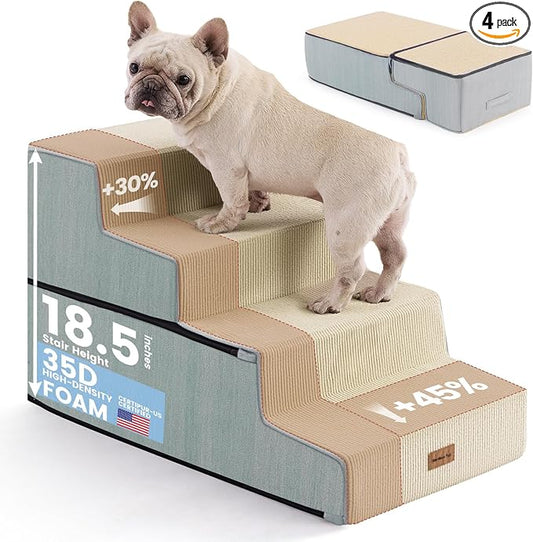 Gardner Pet Dog Stairs for Small Dogs 18.5" H, 4-Step Extra Wide Dog Steps for Bed, Pet Stairs for Bed and Couch with Durable Non-Slip Waterproof Fabric Cover and Soft Foam, Beige