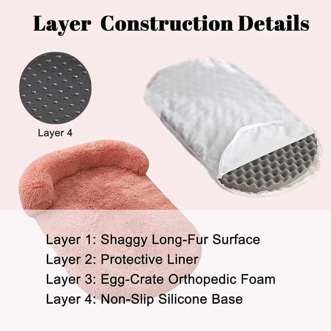 Orthopedic Dog Bed with Egg-Crate Base, Calming Dog & Cat Beds Long Plush with Raised Edges, Spine Friendly Pet Sleeping Mat for Small Medium Dogs, Machine Washable (Oval, Blush Pink 26"x20")