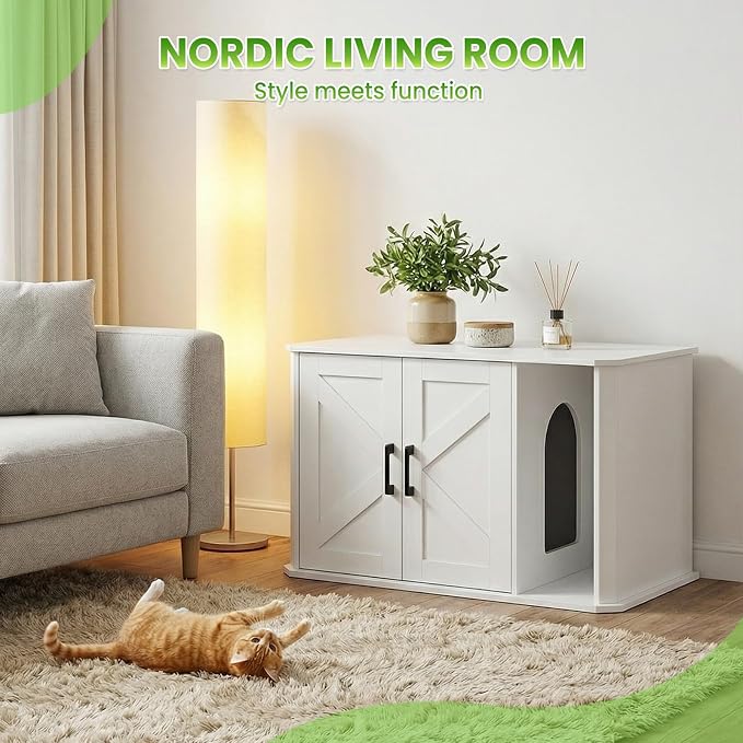 Modern Wooden Cat Litter Box Enclosure, Hidden Washroom Cabinet with Double Doors and Side Entry, Large Cat House End Table, Easy-Clean Sturdy Furniture