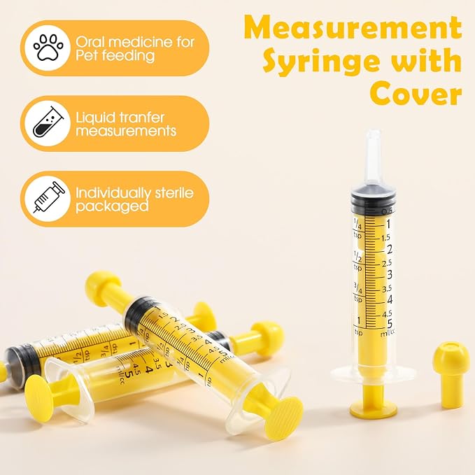 TrelaCo 100 Pack 5ml Syringes with Caps, Colored Plastic Measuring Syringe for Liquid, Pet Feeding, DIY, Party, Craft, Individually Sealed and Wrapped(Yellow)
