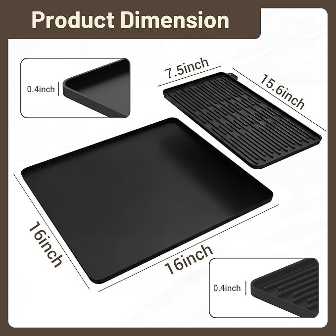 Silicone Coffee Mat for Countertop, 16x16 inch Heat Resistant Espresso Machine Mat, Non-Slip Coffee Bar Mat with Detachable Drying Area and Raised Edge, Waterproof Station Pad - Black