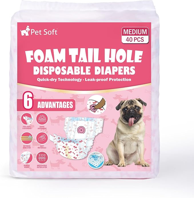 Pet Soft Disposable Dog Diapers - Female Dog Diapers with Adjustable Foam Tail Hole, Ultra Protection Puppy & Cat Diapers Wetness Indicator for Dogs in Heat or Incontinence, 40pcs (M,Red)