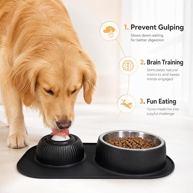 2-in-1 Dog Licking Bowl with Rolling Ball, Stainless Steel Dog Bowls & No-Spill Silicone Lick Mat for Dogs, Wet Dry Separation Dog Slow Feeder Puzzle Licking Toy for Dogs and Cats
