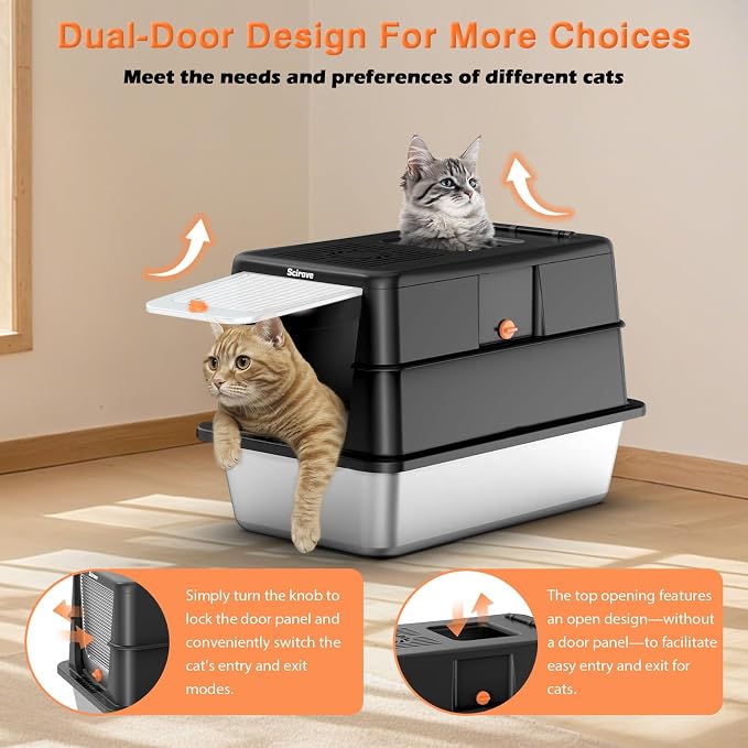 Stainless Steel Litter Box with Lid, Extra Large Litter Box Enclosed Top Entry Metal Litterbox for Big Cats Easy Cleaning Anti-Leakage & High Sided Black