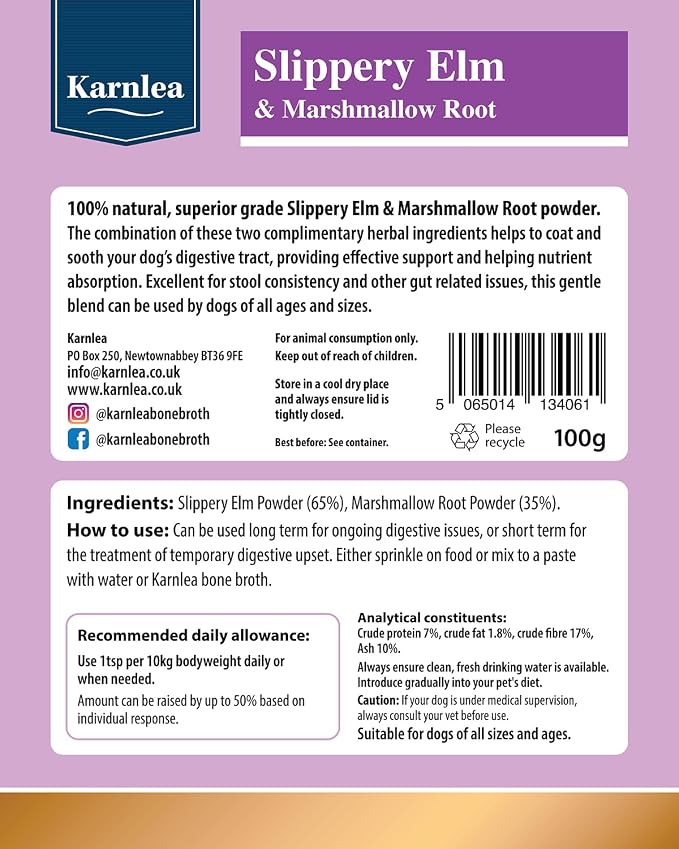 Slippery Elm & Marshmallow Root Powder 100g | 100% Natural Digestive Aid for Dogs | Soothing Support | Tree Barks Powder for Dogs & Cats | Tummy Settler Diarrhoea Relief