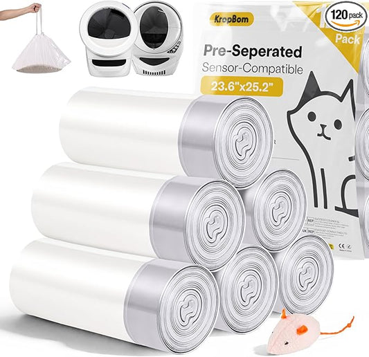 120 Pack Cat Litter Box Robot 5/4/3 Waste Bags,Transparent, Self Cleaning Litter Box Liners Bags for Most Automatic Cat Litter Boxes，Pre-Separated, Heavy Duty, 9-11 Gallon Capacity