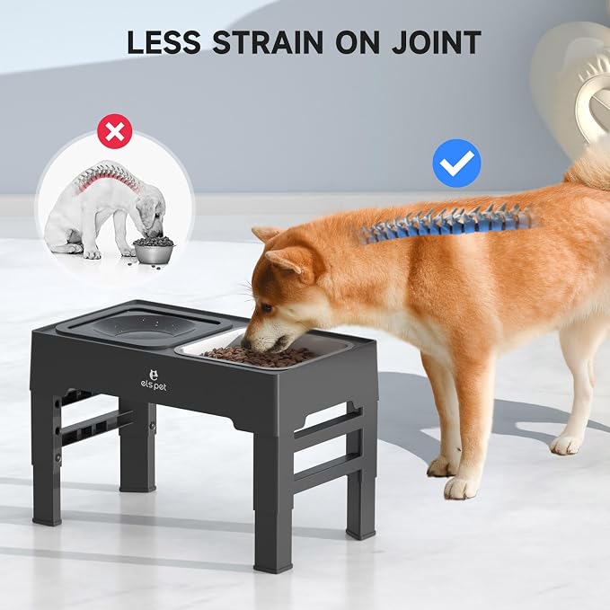 ELS PET Elevated Dog Bowls, Adjustable Raised Dog Bowls with No Spill Dog Water Bowl and Stainless Steel Feeder, Sturdy Non-Tip, Joint-Friendly Removable Bowls for Small Medium Large Dog, Cat & Pet