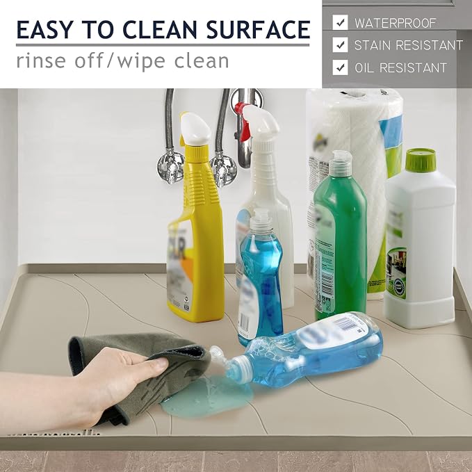Heavy Duty Silicone Under Sink Mats for Kitchen Waterproof 25" x 22", Extra Thick Under Sink Rubber Mat Drip Tray, Raised Edge Under Sink Liner,Prevent Drips, Leaks, Spills,Brown