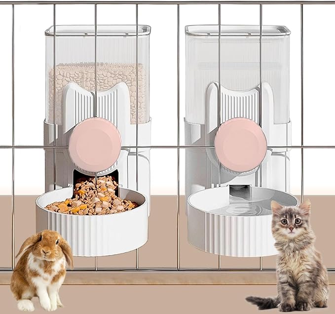 kathson Hanging Automatic Pet Food and Water Dispenser,Gravity Auto Rabbit Feeder for Cage,Guinea Pig Feeder and Waterer Set,Cat Food Bowl Dog Feeding Station for Bunny,Ferret,Chinchilla (Pink)