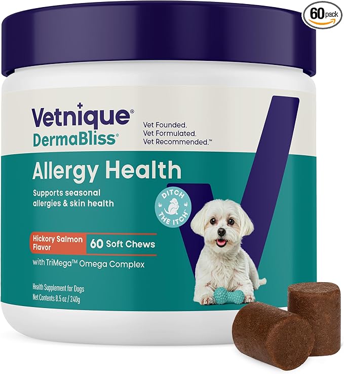 Vetnique DermaBliss Vet-Formulated Dog Allergy Chews for Seasonal Itch Relief, Skin, Coat & Gut Health, Omega 3 + Probiotic Anti-Itch Soft Chew Supplement for Dogs (60ct, Regular Strength Chews)