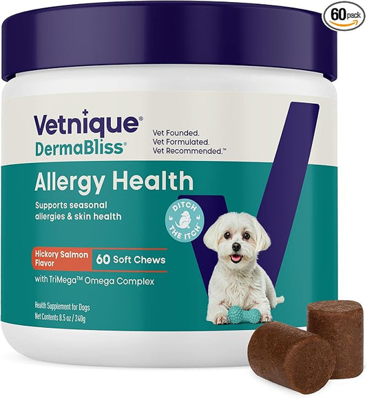 Vetnique DermaBliss Vet-Formulated Dog Allergy Chews for Seasonal Itch Relief, Skin, Coat & Gut Health, Omega 3 + Probiotic Anti-Itch Soft Chew Supplement for Dogs (60ct, Regular Strength Chews)