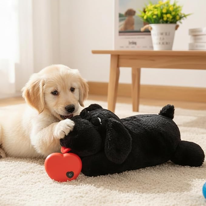 3T GROUP Dog Heartbeat Toy for Puppy Stuffed Animal with Heartbeat Toy Sleep Aid Essentials Anxiety Relief Behavioral Training Plush Pillow Black (Black)