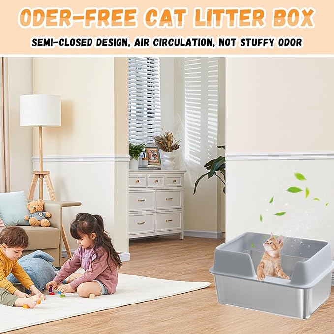 Stainless Steel Cat Litter Box with Lid, High Side Litter Box Enclosure, Enclosed Litter Box for Big and Small Cats (One Size)
