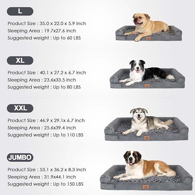 XXL Orthopedic Dog Bed - Breathable Egg-Crate Foam Sofa Couch with Bolster, Water-Resistant Liner & Washable Rose Velvet - Ideal for German Shepherds, Boxers, Dark Gray(48'' x 30'')