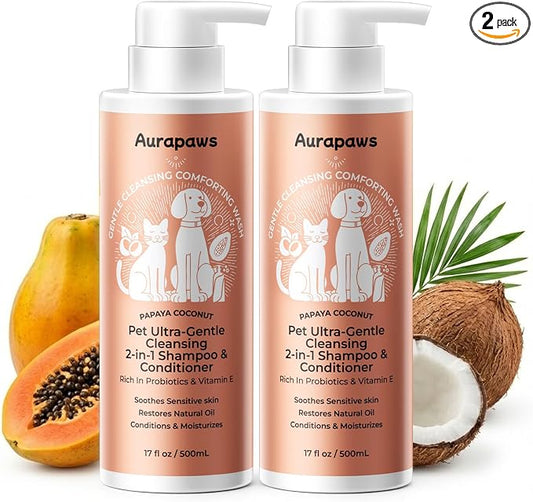 Probiotic Dog Shampoo and Conditioner, Puppy Shampoo for Sensitive Skin, Itchy Skin Relief with Ceramides NP&Vitamin E,Deodorizes & Paraben Freefor All Breeds, Papaya Coconut, 17 oz, Set 2