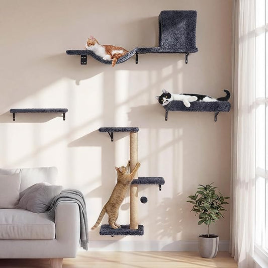 FUKUMARU Cat Wall Shelves, Stable & Safe 4 in 1 Cat Walls Furniture Set, Wooden Kitten Climbing Wall with Scratching Post for 16 Inch Drywall - Gray