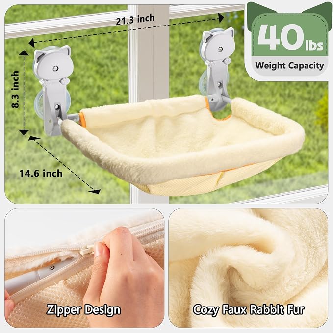 JUNSPOW Cat Window Perch Cordless, Foldable & Stable Cat Beds- Breathable Cat Window Hammock for Overlooking, Sunbathing and Climbing - Maximum Hold Up to 40lb(Cream)