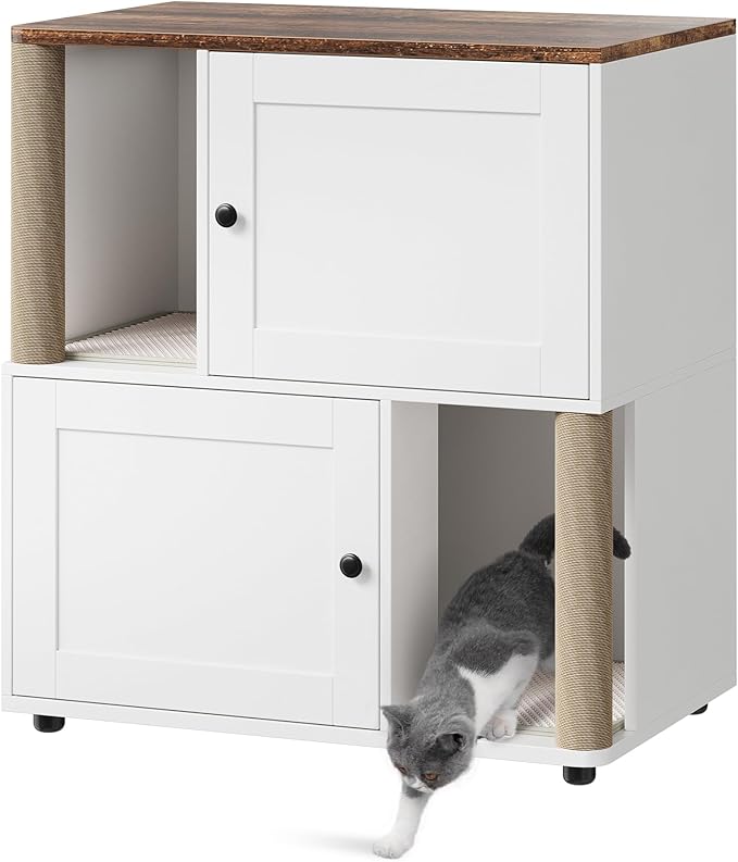 2 Tier Cat Washroom,Modern Farmhouse Double Cat Litter Box Enclosure Furniture,Hidden Cabinet with 2 Scratch Mats & Post, Multi-Functional End Side Table for 2 Cats, Odor-Control Wooden Washroom Cabin