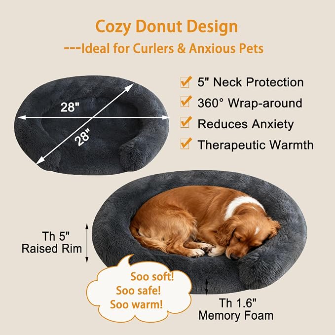 Calming Dog & Cat Beds with Orthopedic Egg-Crate Foam Raised Rim, Soft Fluffy Faux Fur Pet Bed for Small Medium Dogs, Anxiety Relief Spine Support, Machine Washable (Round, Dark Grey 28")