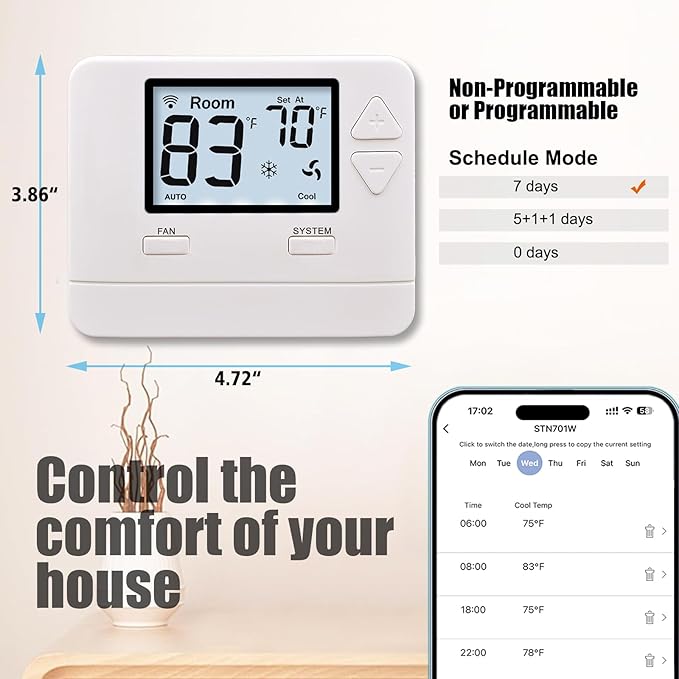 Heagstat WiFi Thermostat for Home 1 Heat/1 Cool 24V Conventional System, APP Remote Control, 7-Day Programmable, C-Wire Required