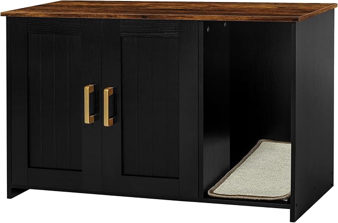 DWANTON Litter Box Enclosure, Cat Litter Box Furniture Hidden, with Scratching Mat, Wooden Cat Washroom Indoor, 31.5" L x 19.7" W x 21.7" H, Black and Rustic Brown