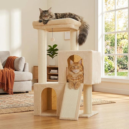 PAWZ Road Large Cat Tree, 45" Heavy Duty Cat Tower with Dual Condos, 3 Thick Full Wrapped Sisal Posts(φ4.3), Spacious Top Perch, Scratching Ramp for Large Cats,Beige