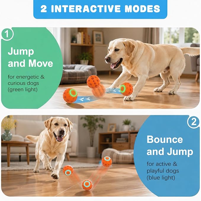 Interactive Dog Toy Ball, Durable Motion Activated Automatic Moving Ball for Small/Medium/Large Dogs, Rechargeable Dog Ball with LED Lights, 2 Play Modes to Keep Your Dog Busy (Orange)