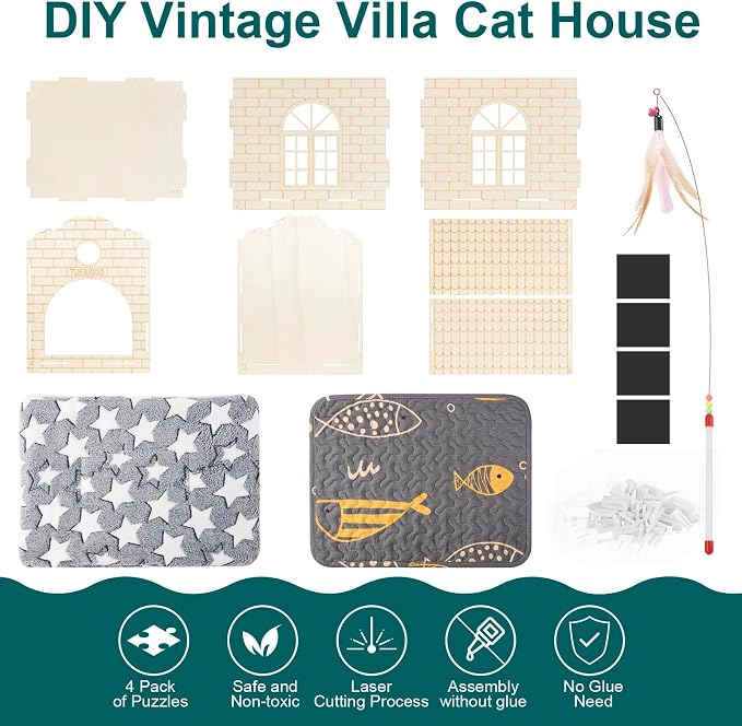 DIY Cat House Assembly cat Houses for Indoor Large Cat Cave Wood Cat Houses for Cats, Kittens, Small Dogs Cat Hideaway