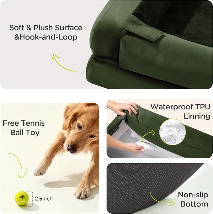 Orthopedic Memory Foam Dog Bed, 42 x 30, Waterproof for Large Dogs | Removable, washable cover • Waterproof memory foam liner • Bolstered couch design for joint relief • Includes tennis ball toy