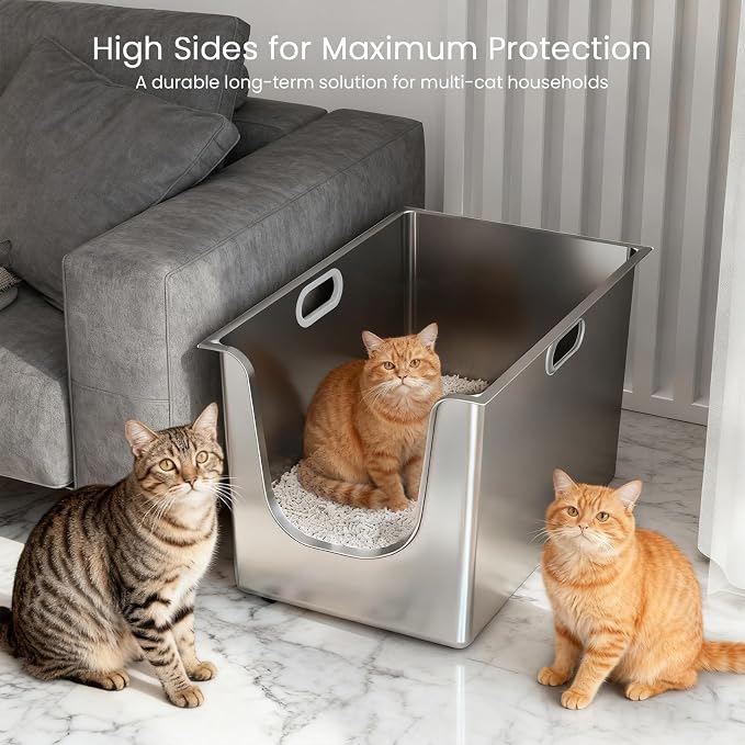 Stainless Steel Litter Box 11.8'' High Sides, XL Metal Cat Litter Box with Curved Low Entry, Cat Litter Pan for Big & Multiple Cats, Pet Toliet with Handy Wheels for Easy Moving