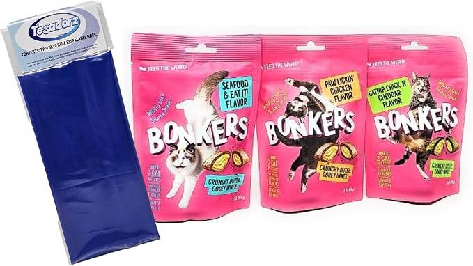 Bonkers Crunchy Cat Treats, 3oz (Variety Pack of 3 - Chicken, Seafood, Catnip) and Resealable Bags