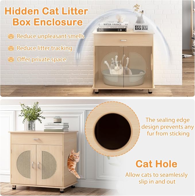 PETSITE Cat Litter Box Enclosure, Hidden Litter Box Furniture with Drawer and Adjustable Metal Feet, Wooden Pet House Side End Table, Indoor Litter Box Cabinet with Sisal Scratching Board Doors