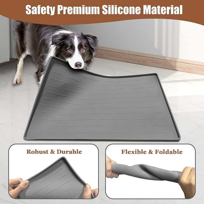 24"x16" Large Dog Food Mat, Silicone Dog and Cat Mats for Food and Water Bowls, Waterproof Raised Edge Pet Feeding Mat for Contain Spills Protects Floors, Multiple Colors & Sizes for Pets, Light Gray