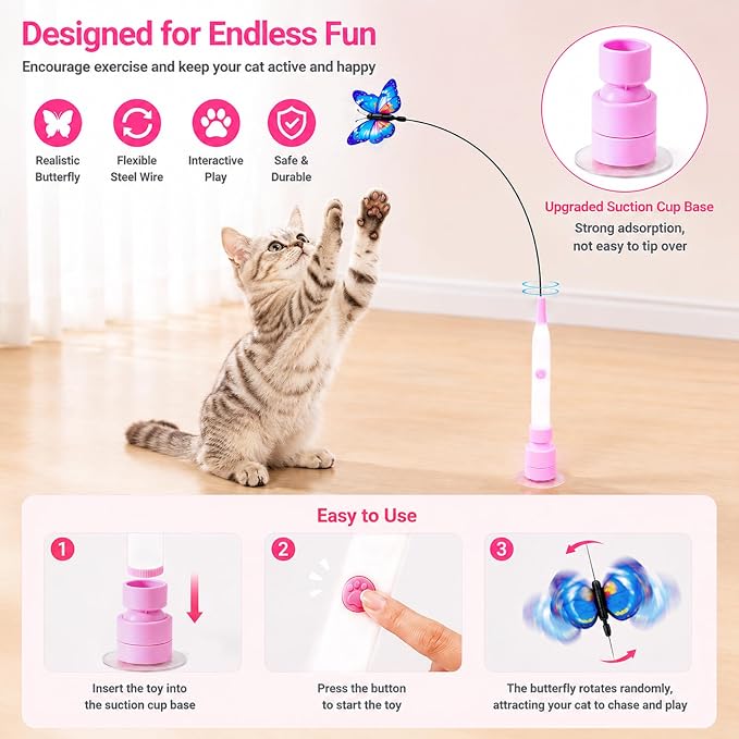 Electric Butterfly Cat Wand for Indoor Cats, 360 Spinning Self-Play with 2 Modes & Tap-to-Awake, Rechargeable Cleanable Suction Base, 3 Butterfly Refills, Interactive Cat Toy (A-Pink)