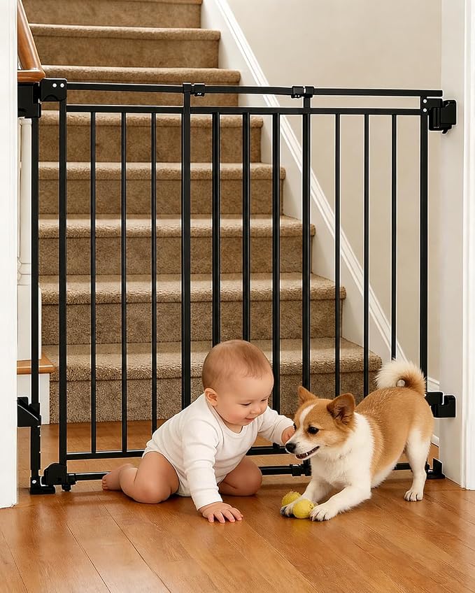 Baby Gate for Stairs, Doorways & Hallways with Auto Close – 26.4"-43" W x 39" H, Extra-Wide Walk Thru and No Bottom Bar for Easy Access, Adjustable Safety Gate for Dogs & Toddlers, Black