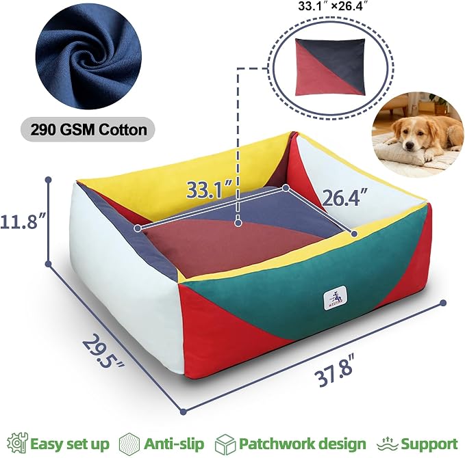 Cotton Canvas Dog Bed, Dog Beds Large Sized Dog, Orthopedic Bed with Washable Removable Cover, Durable 290 GSM Cotton Anti-chewing Pet Bed with Anti-Slip Bottom (38"x30"x12", Red&Yellow&Green)