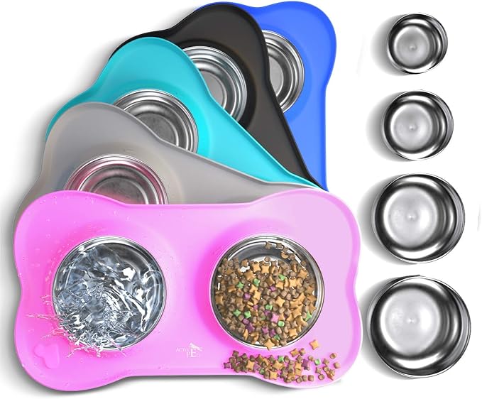 Active Pets Dog Bowl Set, Stainless Steel No Spill Mess-Proof Food & Water Food Bowls with Skid Resistant Silicone Mat, Dog Bowls Small Size Dog, Medium, & Large, Pet Puppy Bowls & Dog Dishes