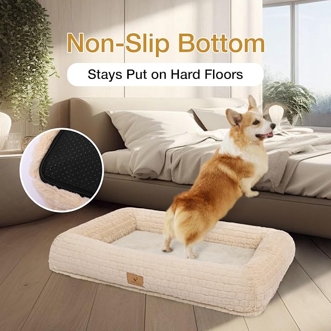 Plush Orthopedic Dog Bed for Medium Large Dogs, Memory Foam Bolster Sofa Bed with Removable Washable Cover, Waterproof Lining & Non-Slip Bottom (Tan-L)