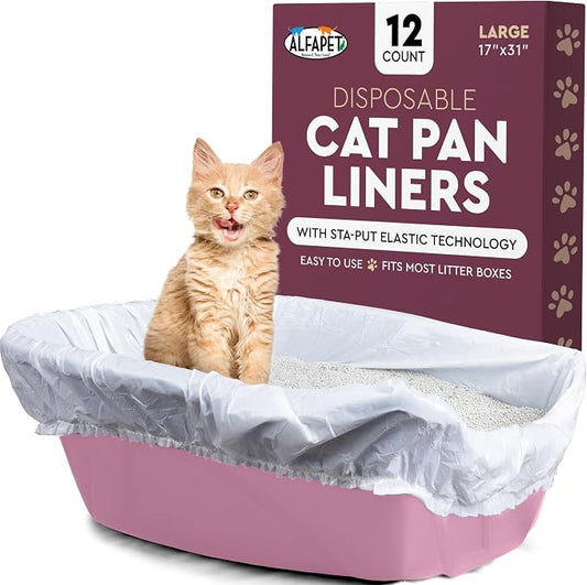 Alfapet Cat Litter Box Liners Large 12 Count - Tear-Resistant Cat Litter Bags - Waterproof Kitty Litter Liners - Fits Litterbox Pan Sizes Medium and Large, 31" x 17", 20 lb Capacity