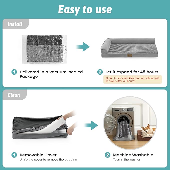 COZY KISS Orthopedic Dog Bed for Medium Small Size Dog, Dogs Crate Bed, L Shaped Foam Anti-Slip Bottom Pet Cat Sofa with Washable Removable Cover, Suitable for Pet Up to 40 lbs, 30x20x7.5 inch, Grey