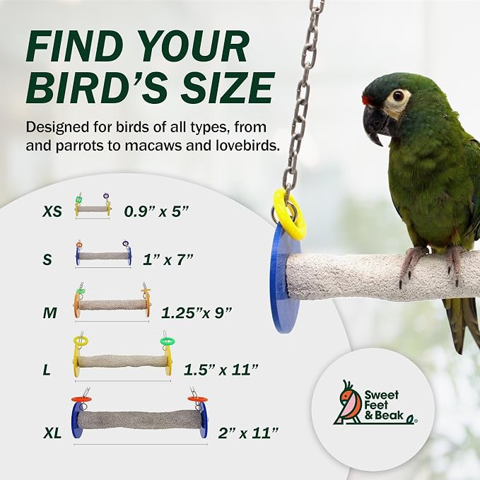 Sweet Feet and Beak Roll Bird Swing - Perch Bird Toys Trims Nails and Beaks, Safe and Non-Toxic Bird Cage Accessories for Small and Large Birds, Swinging Toys Birds Will Love, XL 11 Inches - Yellow