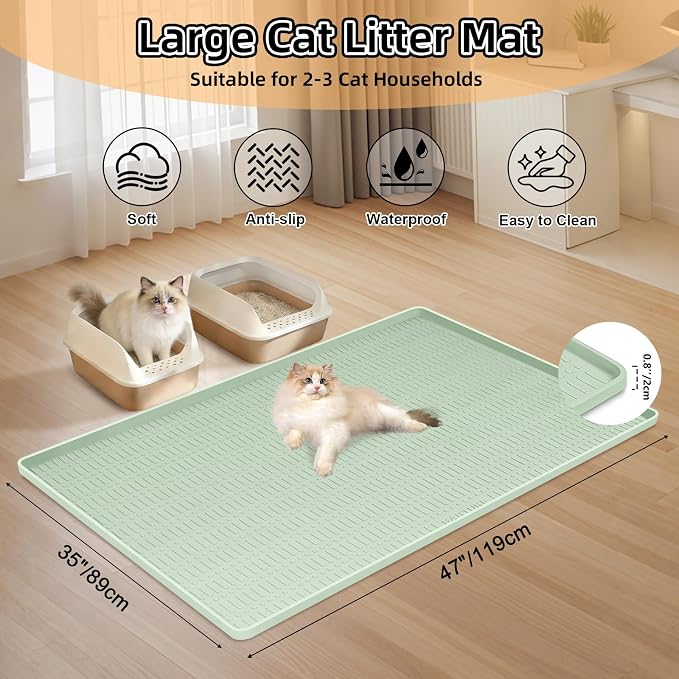 Silicone Cat Litter Mat, 47" x 35" Extra Large Litter Trapping Mat for Litter Box, Leak-Proof, Non-Slip, Kitty Litter Mats with Soft Texture for Floor, Keeping The Floor Clean (Green)