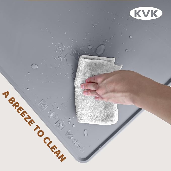 KVK Dog Food Mat, 39.4×29.5in Extra Large Silicone Pet Feeding Mat - Waterproof, Non - Slip, Chew - Resistant for Food & Water, Protect Floors (Light Gray)