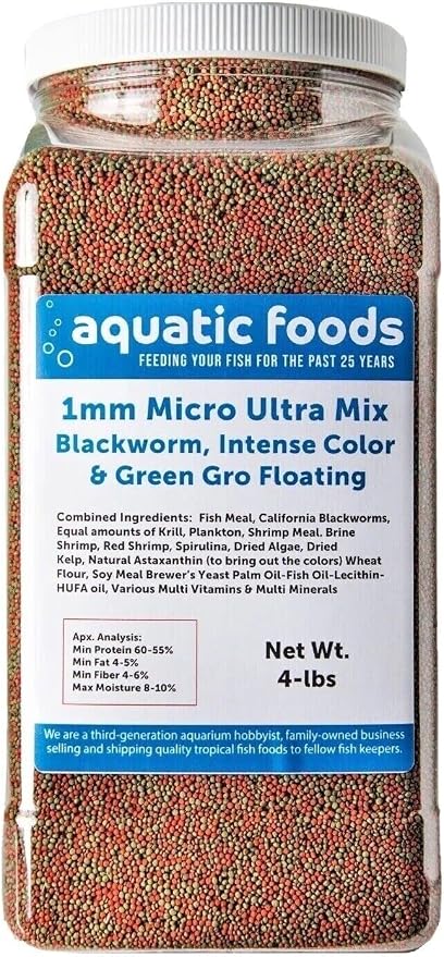 1mm Ultra Mix of Blackworm, Intense Red, Green Gro Floating Pellets for Discus, Cichlids, All Tropicals, Koi and Pond Fish…4-lb Lg Jar
