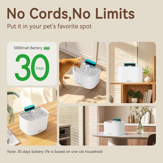 Cat Water Fountain, 122oz/3.6L Pumpless Wireless Cat Fountain, Cordless Water Fountains for Cats Indoor, Battery Operated Dog Pet Water Fountain with Stainless Steel Tray (White, Fountain+8 Fliters)