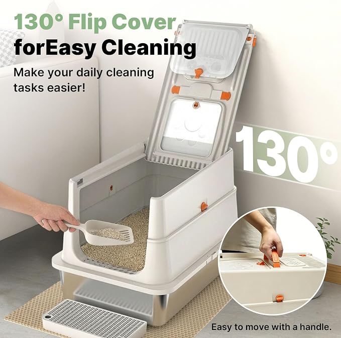 Stainless Steel Litter Box with Flip Lid, XL Extra Large Cat Litter Box with High Sided Top Entry Design, Anti-Leakage Enclosed Metal Litterbox for Big Cats, with Handle, Mat, Pedal & Scoop, Beige