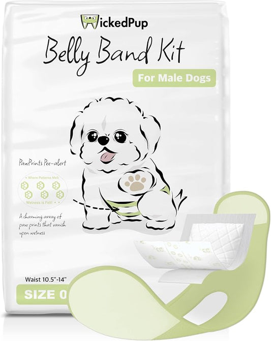 WICKEDPUP Male Dog Belly Band Kit, 50 Diaper Pads & 1 Reusable Male Wrap (Size 0 (10.5"-14" Waist))