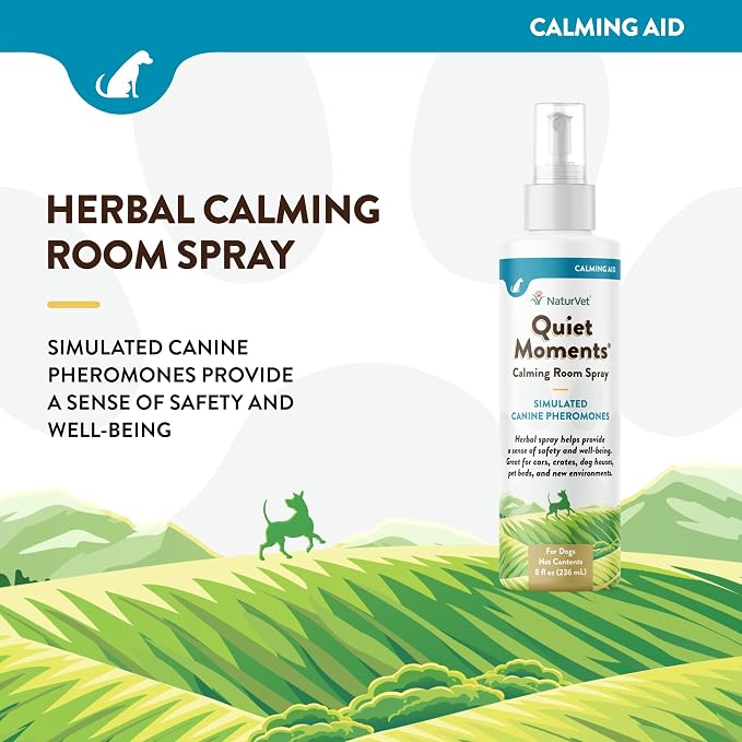 NaturVet Quiet Moments Herbal Calming Room Spray Dog Supplement - Ideal for Cars, Dog Crates, New Environments - Helps Reduce Pet Stress, Storm Anxiety, Motion Sickness - 8 Oz.
