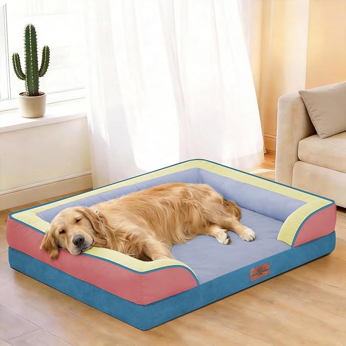 Comfort Expression Orthopedic Dog Bed for Large Dogs 36x27 Inch, Waterproof Egg Crate Foam Large Pet Bed with Bolsters, Dog Couch with Washable Cover & Non-Slip Bottom, Funfetti Fiesta