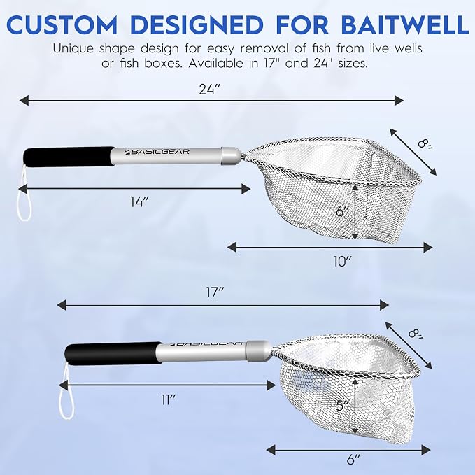 BasicGear Compact Baitwell Net for Live Bait – Soft Nylon Mesh, Aluminum Frame, EVA Non-Slip Grip & Anti-Drop Rope